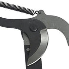 Single black branch pruner flat lay on garden bench with green pull rope coiled neatly beside tool