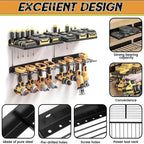 Type A flat grid iron shelf mounted on wall holding battery packs in organised garage workshop setting
