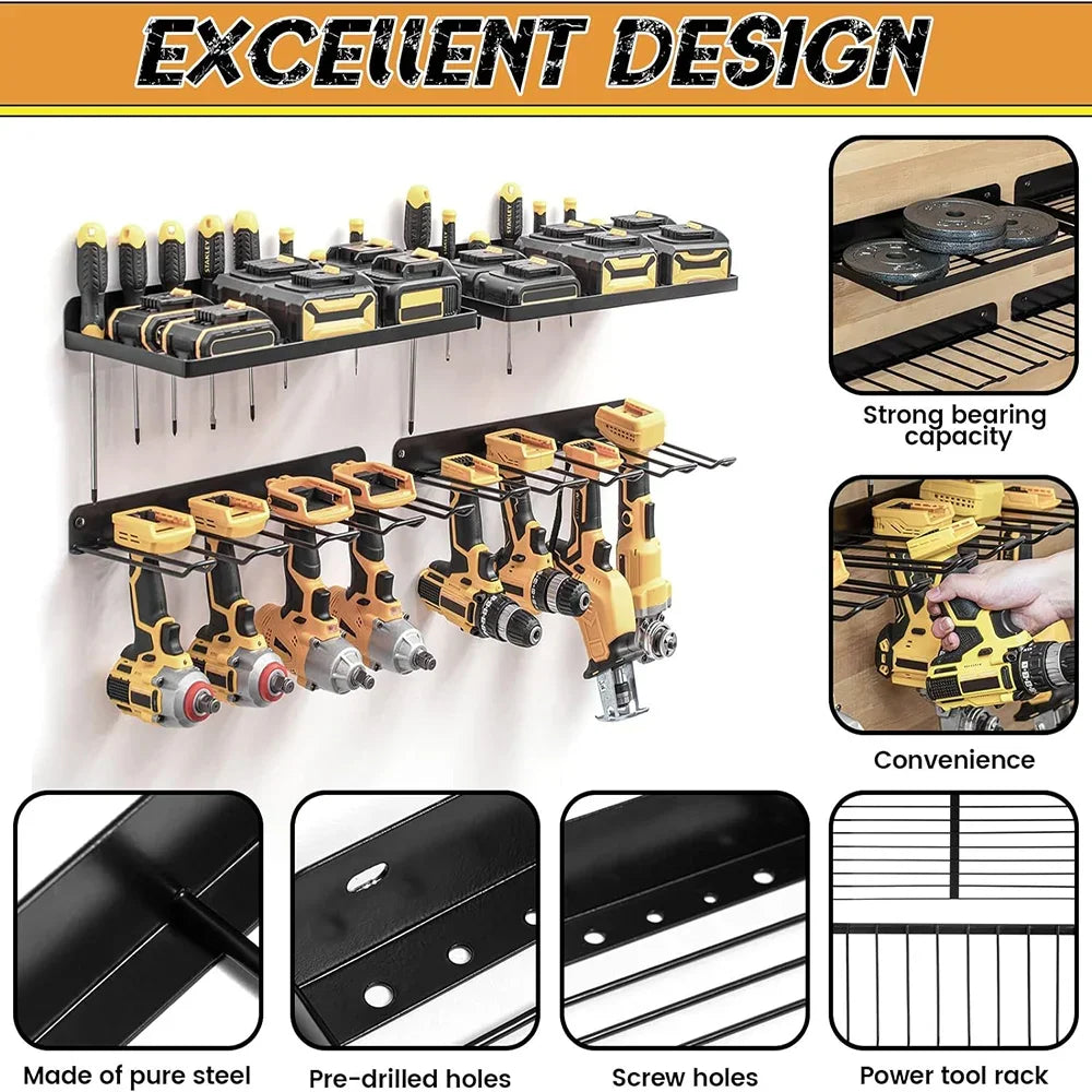 Type A flat grid iron shelf mounted on wall holding battery packs in organised garage workshop setting