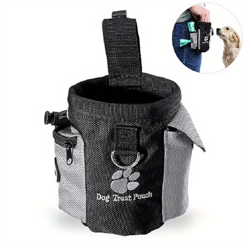 Close-up detail of green waste bag being dispensed from built-in compartment of dog training pouch