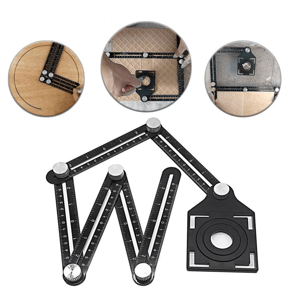 Angle measuring tool creating template on ceramic bathroom tile for cutting