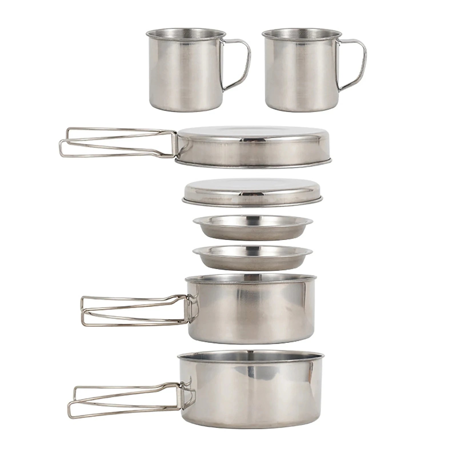 Stainless steel camping pan with grilled steak and sliced vegetables on a wooden outdoor camp table