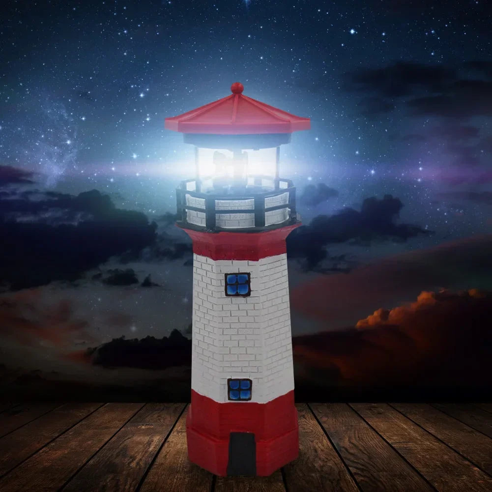 Close-up lighthouse garden light white brick texture blue window accents nautical detail