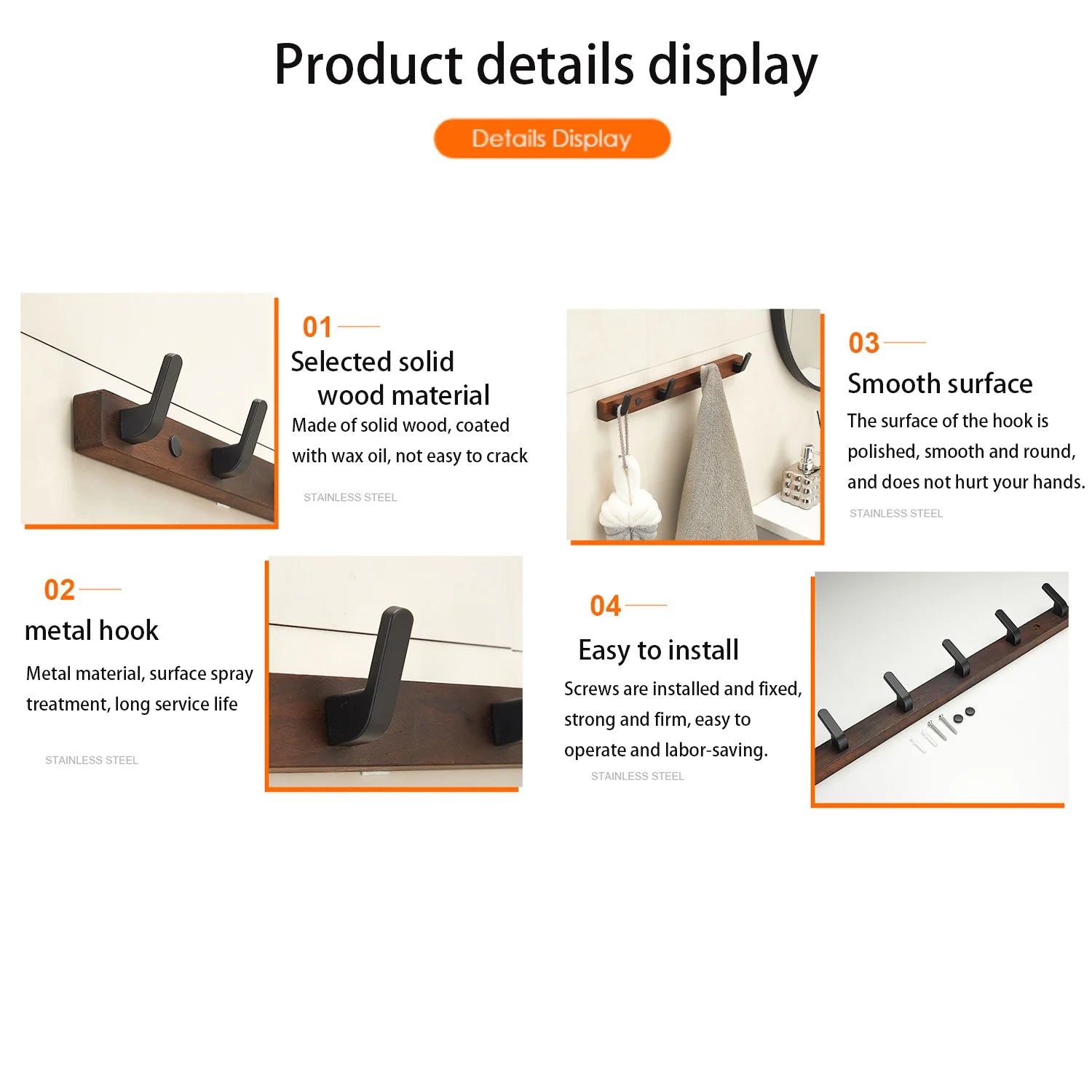 Underside of walnut wood coat rack showing screw mount hole and round black cap cover on white wall