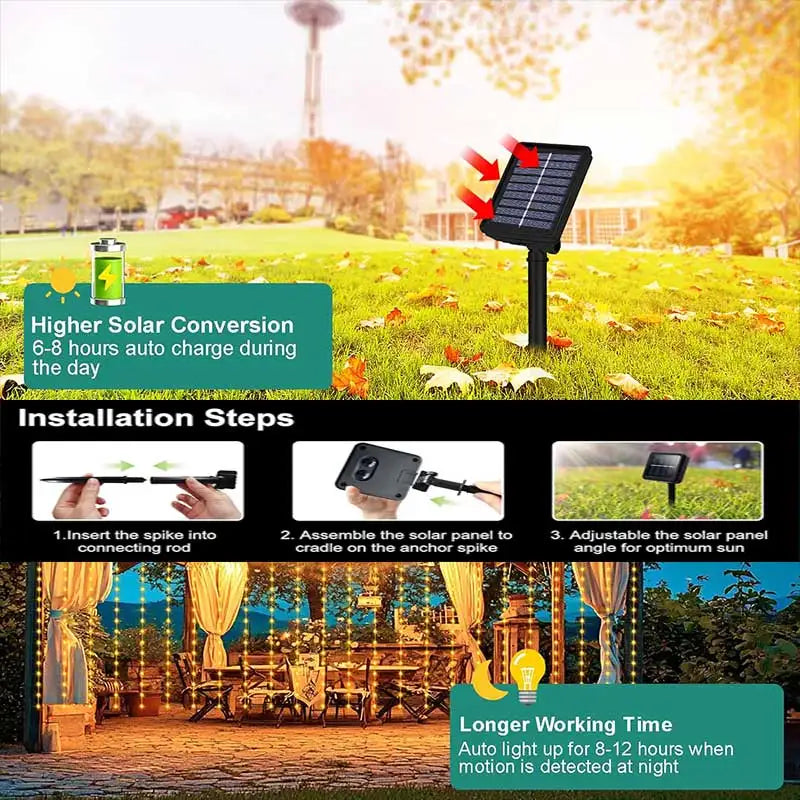 Solar curtain light full coverage view on large pergola wall outdoor dining area garden lights Australia