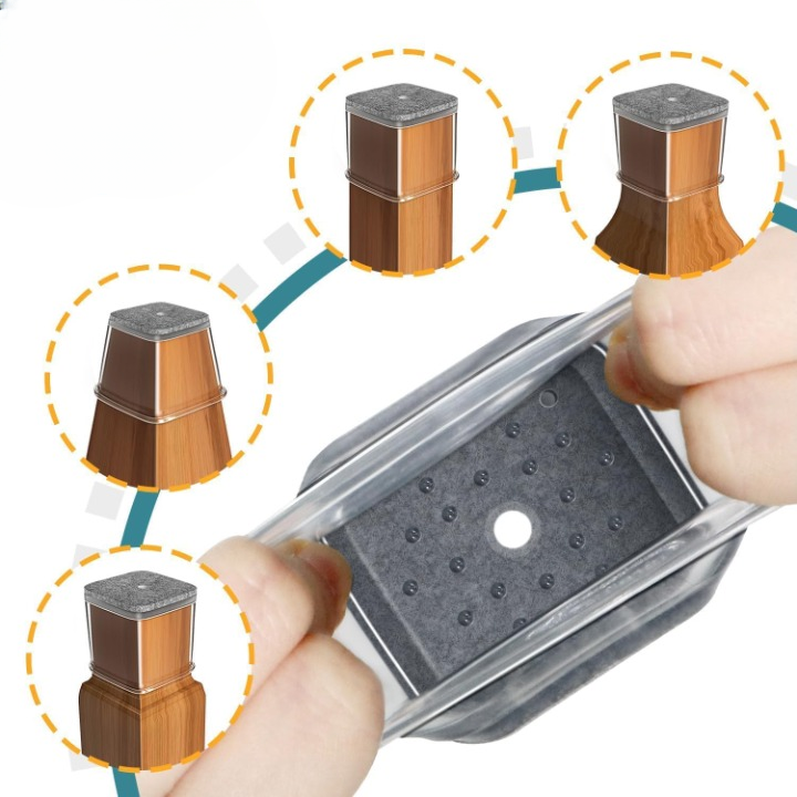 Hand installing clear TPE chair leg floor protector onto square wooden furniture leg