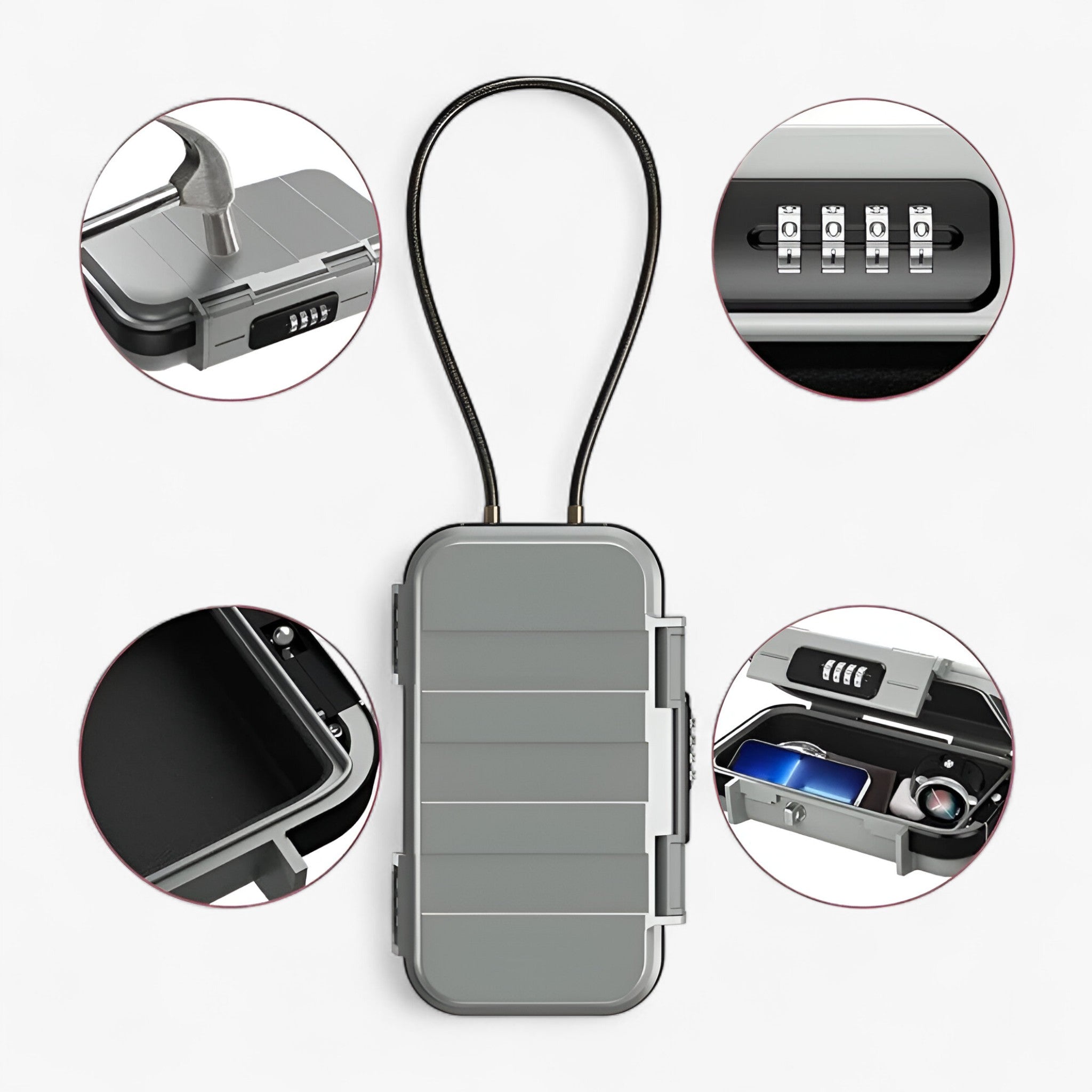 Portable safe box open interior view showing soft padded black lining and security cable slot