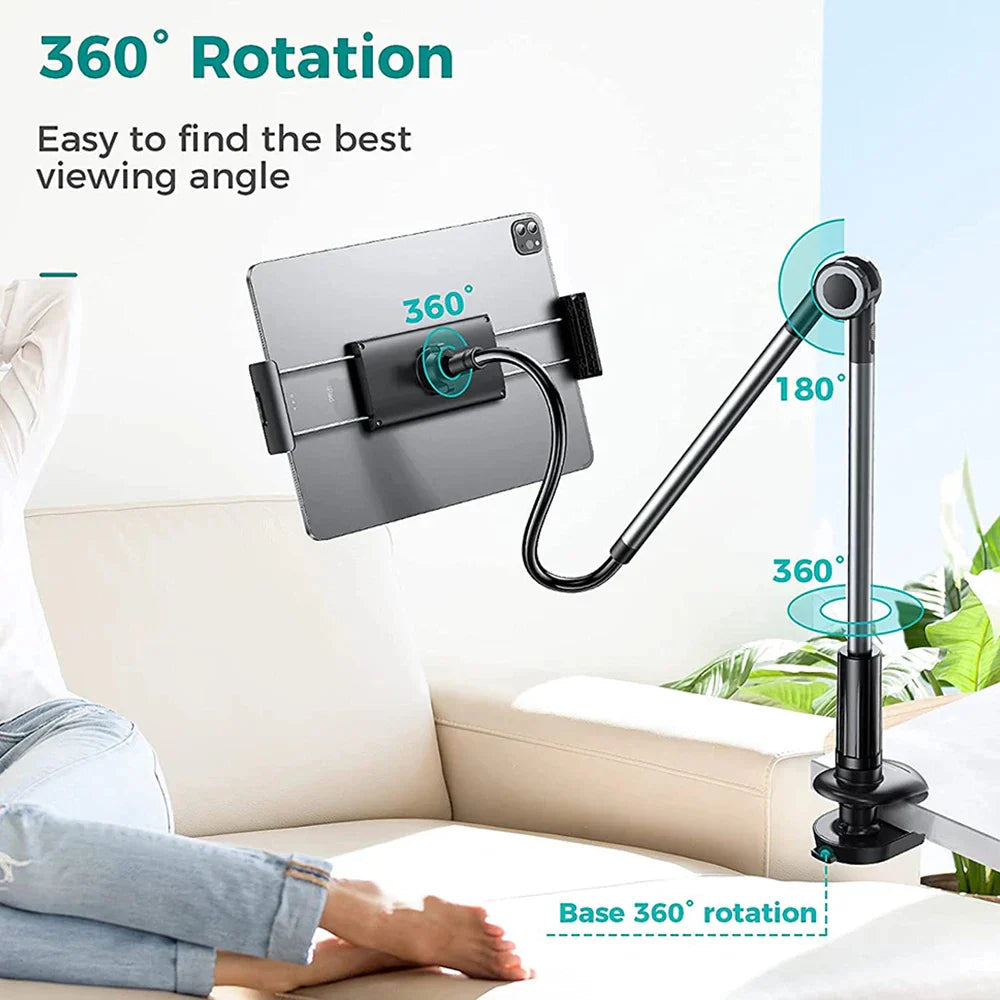 Tablet Phone Stand — Adjustable Gooseneck Clamp side angle showing dimensions