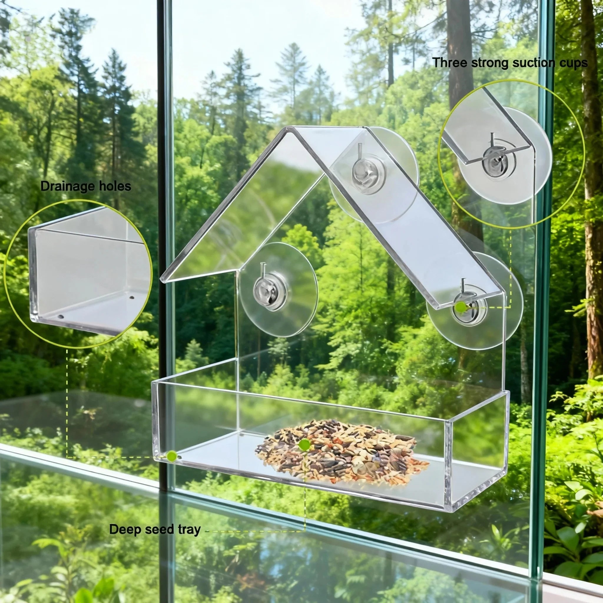 Window Bird Feeder — Clear Acrylic with Suction Cups side angle showing dimensions