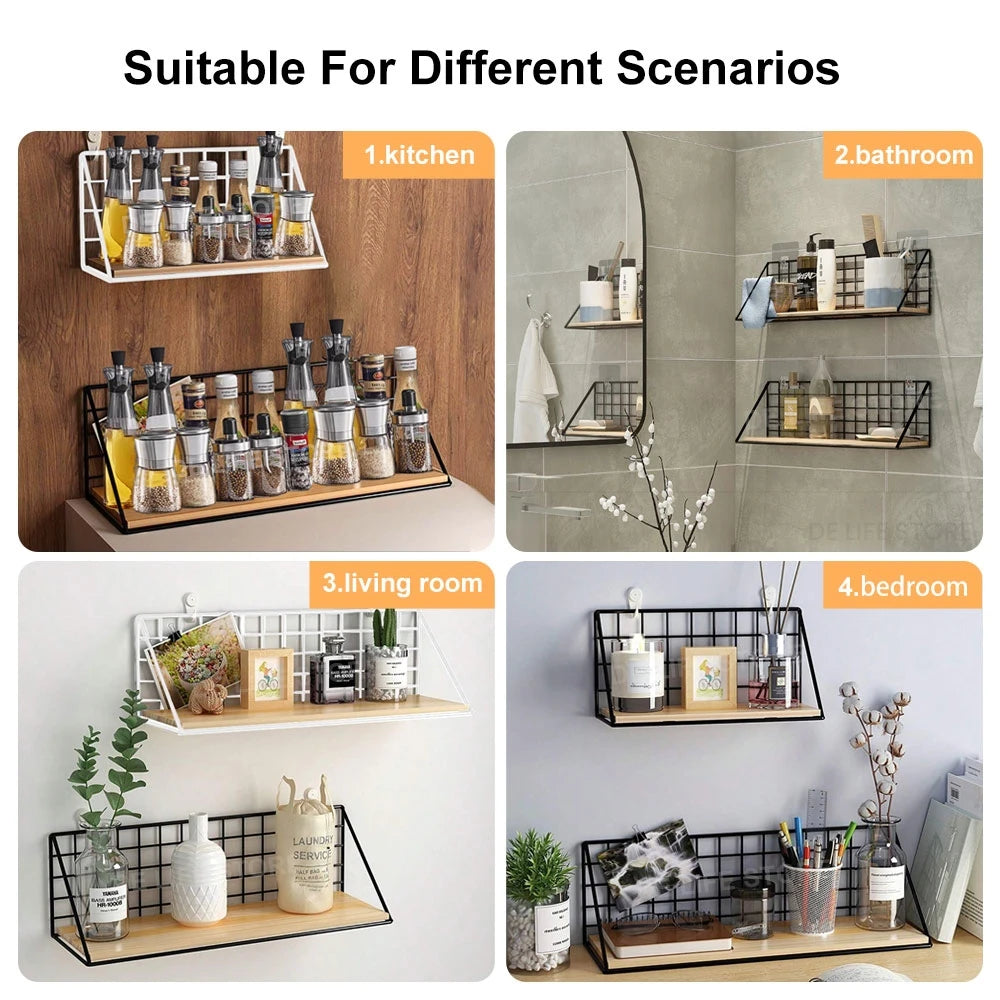 Wall-Mount Spice Rack — Wooden Shelf, Metal Frame side angle showing dimensions