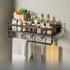 Wall-Mount Kitchen Shelf — Black Aluminium with Hooks side angle showing dimensions