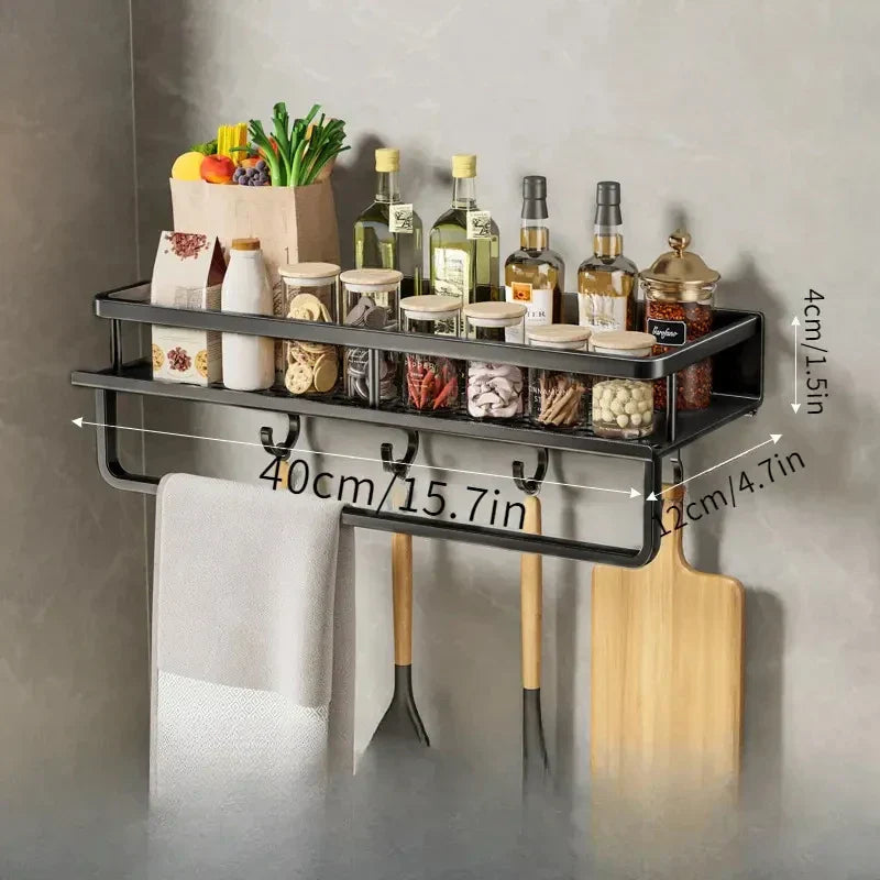Wall-Mount Kitchen Shelf — Black Aluminium with Hooks side angle showing dimensions