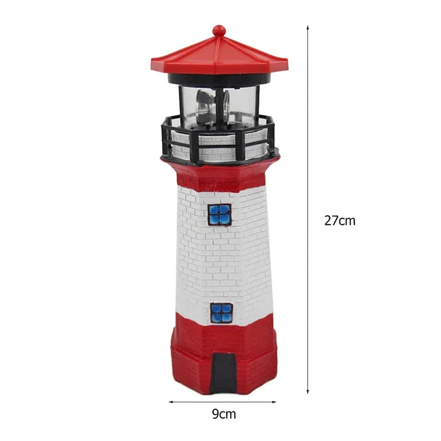 Solar Lighthouse Garden Light — LED Rotating Beam side angle showing dimensions