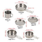 Camping Cookware Set — Stainless Steel 8-Piece side angle showing dimensions