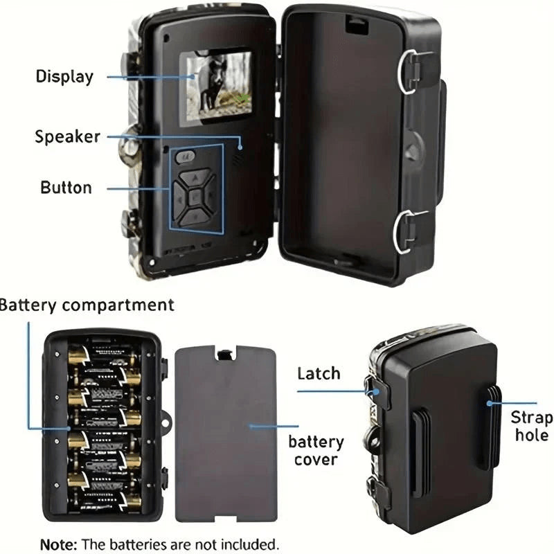 Trail Camera 12MP Night Vision — 1080P HD Video side angle showing dimensions