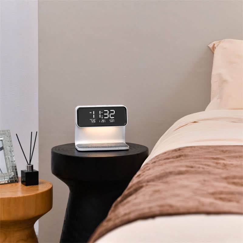 Bedside Lamp with Wireless Charger & Alarm Clock side angle showing dimensions