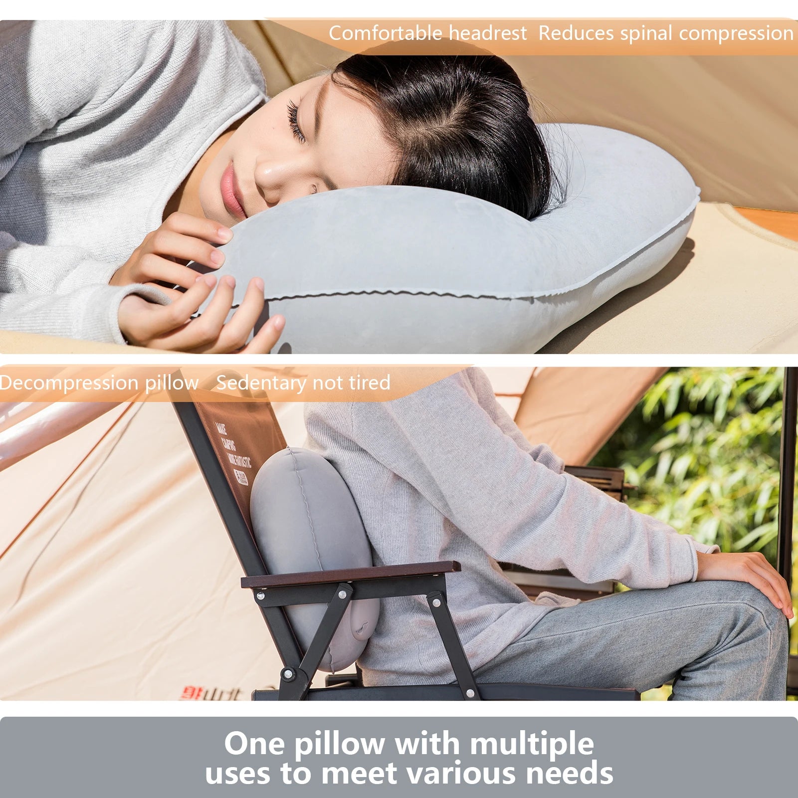 Inflatable Camping Pillow — Press-to-Inflate side angle showing dimensions