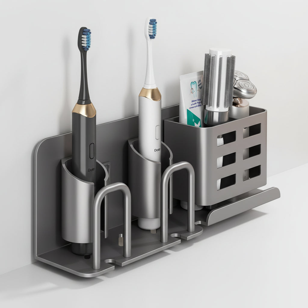 Wall-Mount Toothbrush Holder — Aluminium Organiser side angle showing dimensions