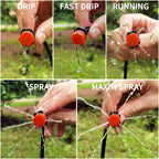 Close-up of red adjustable drip emitter nozzle being rotated to change water setting above potted herb plant