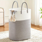Woven Cotton Laundry Basket with Handles side angle showing dimensions