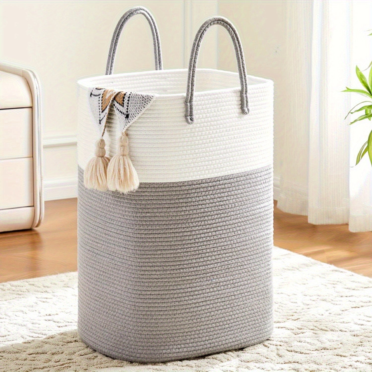 Woven Cotton Laundry Basket with Handles side angle showing dimensions