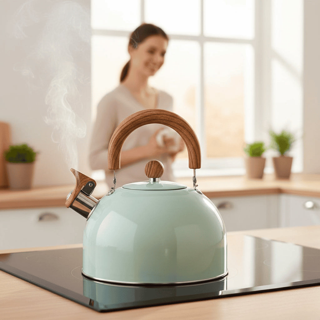 Hand pouring from white stovetop kettle with wooden handle into ceramic mug, steam rising, in-use shot