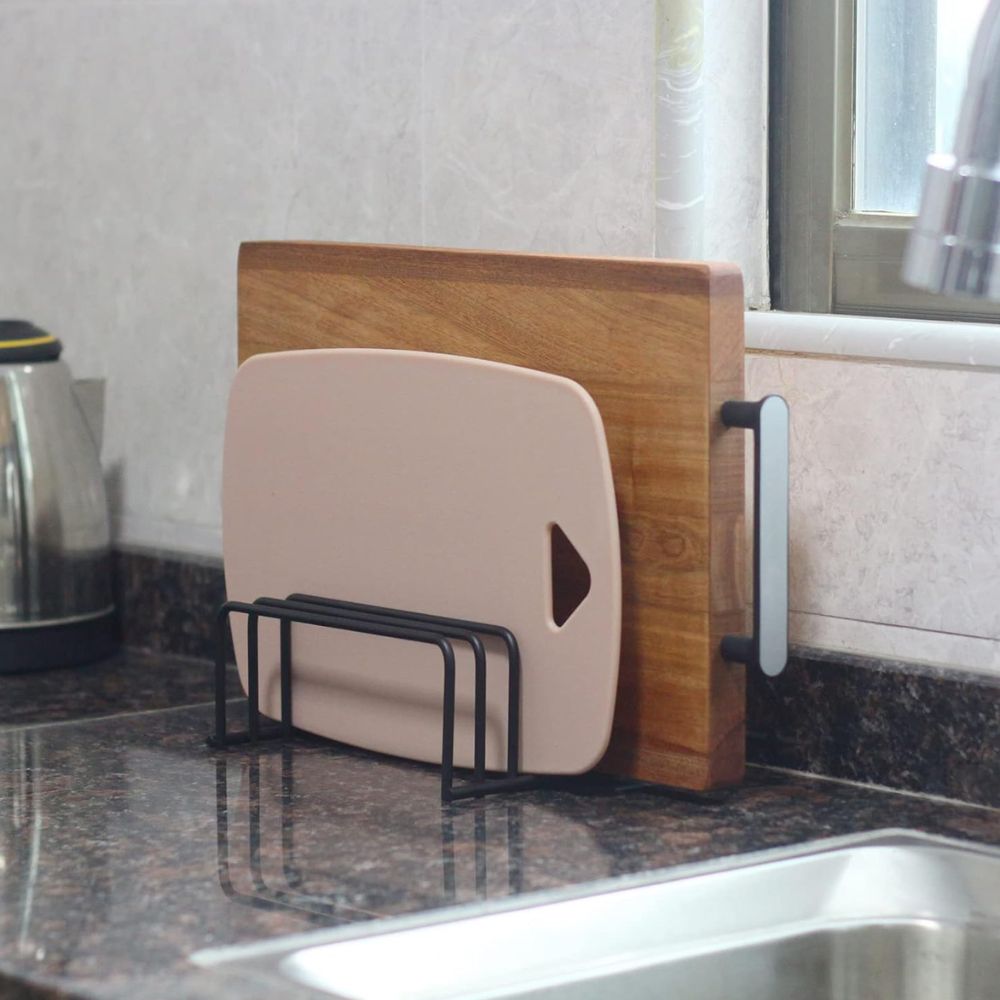 Cutting Board Rack — Steel Kitchen Organiser side angle showing dimensions