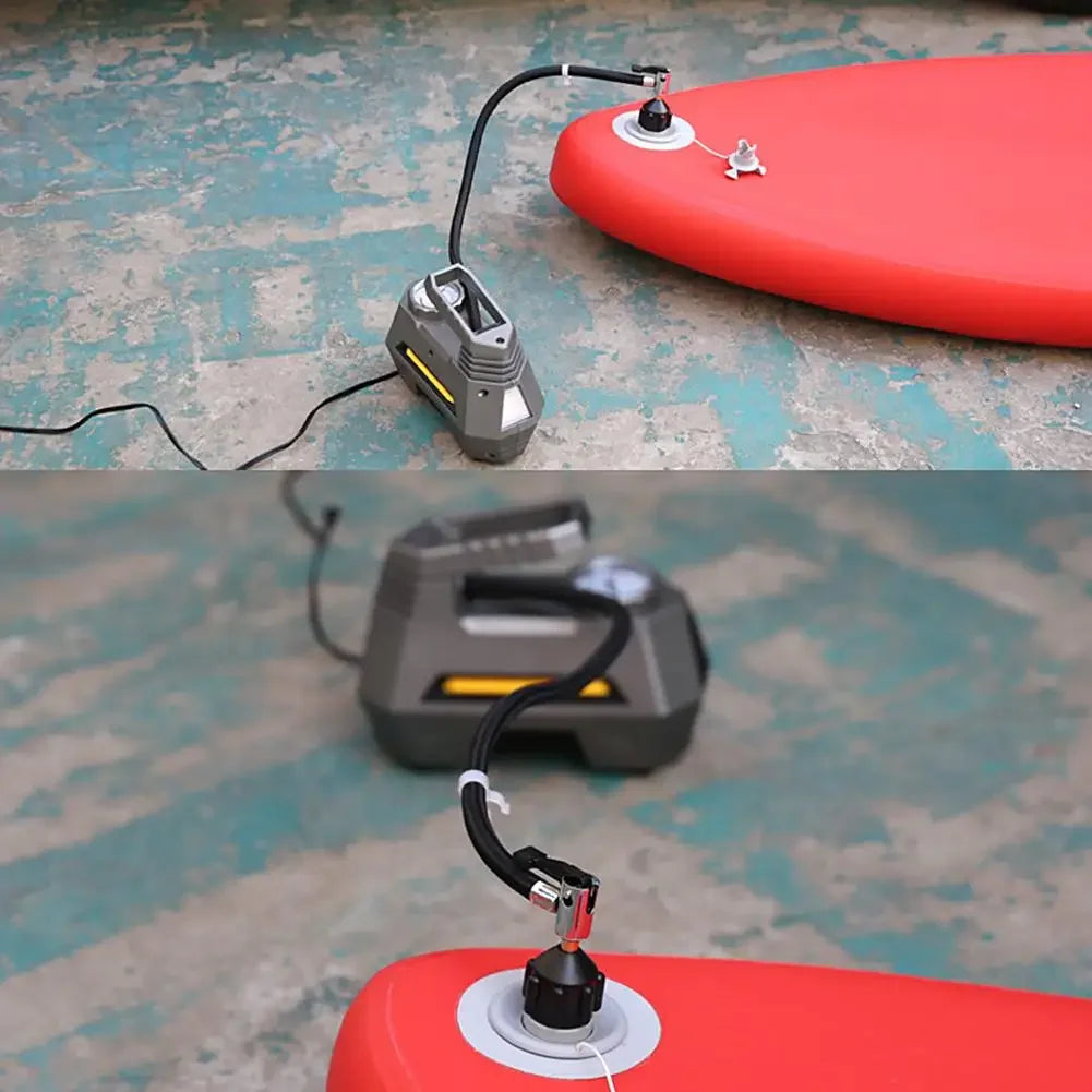 Detail of tethered valve caps and cord on SUP pump adapter kit keeping all small parts connected