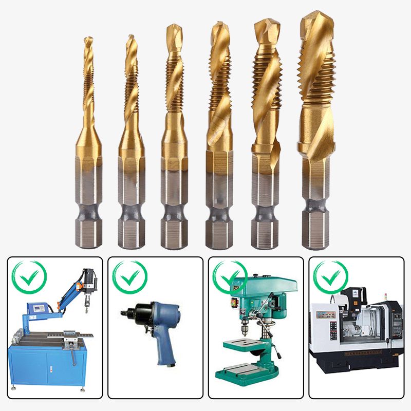 6-Piece Spiral Tap Set — HSS with Titanium Coating side angle showing dimensions