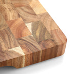 Close up acacia wood grain texture integrated side grip handle detail professional cutting board