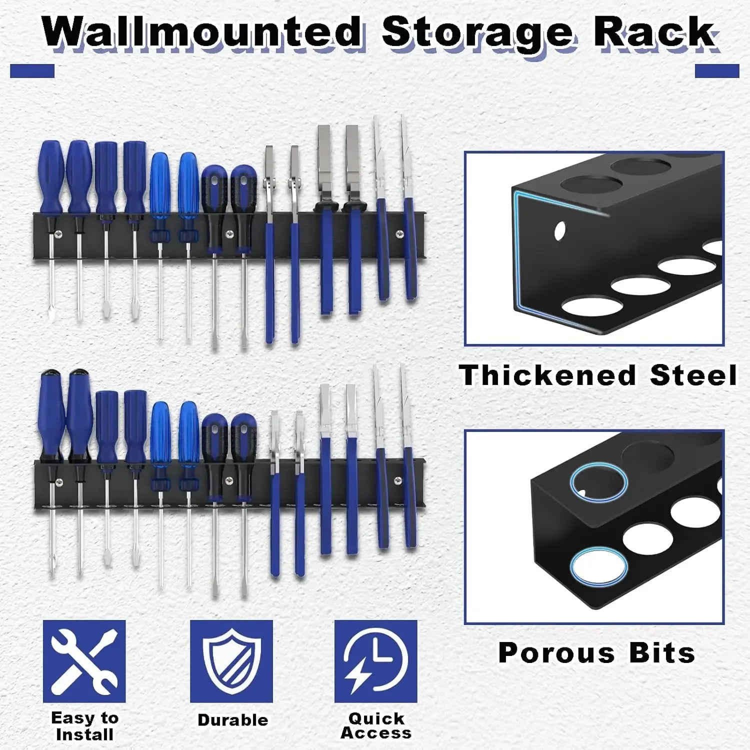 Wall-Mount Tool Holder — 14-Slot Metal Rack side angle showing dimensions