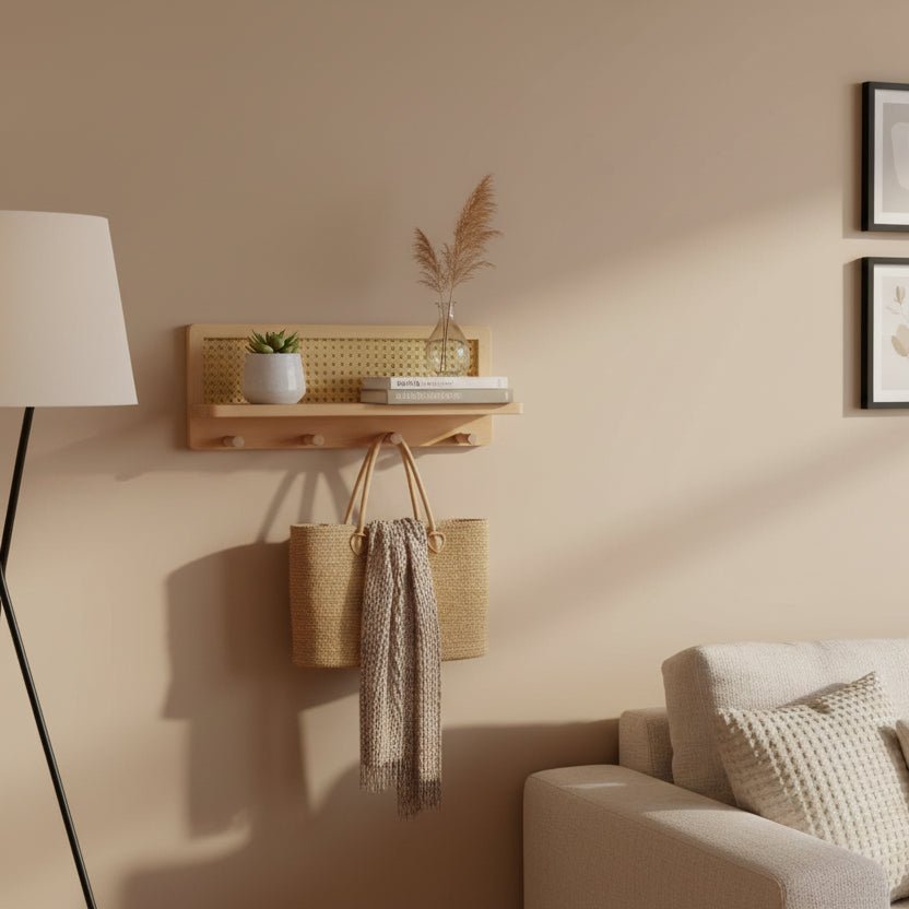 Close-up of woven rattan back panel in wooden frame showing natural texture and wood grain detail