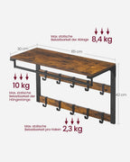 Wall Coat Rack with Shelf — 10 Hooks side angle showing dimensions