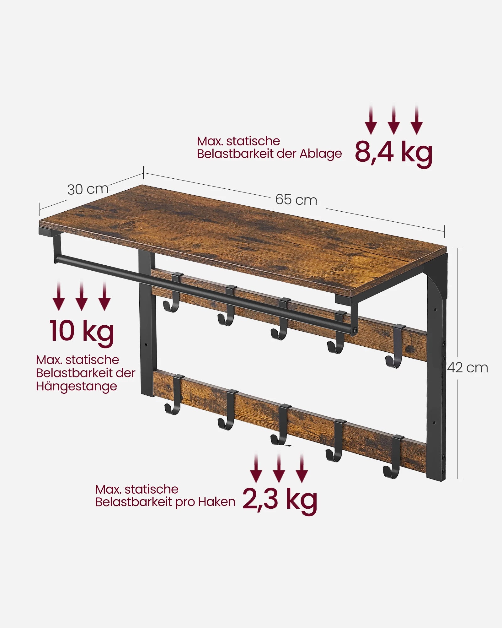 Wall Coat Rack with Shelf — 10 Hooks side angle showing dimensions
