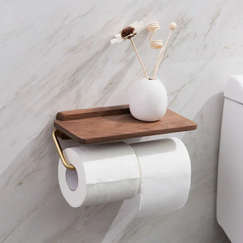 Toilet Roll Holder — Walnut Wood & Gold Bar mounted in modern interior