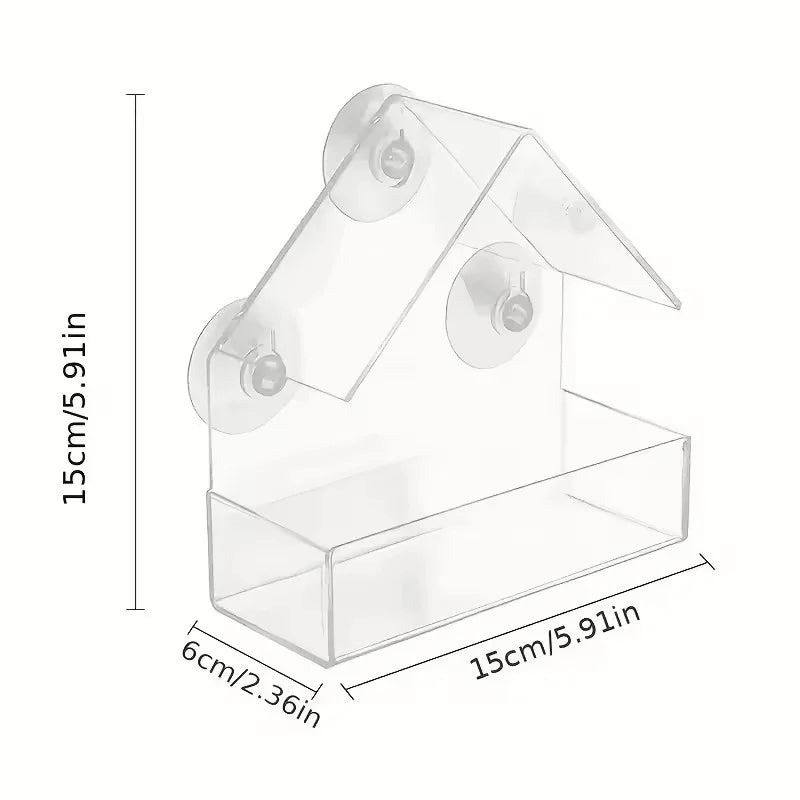 Window Bird Feeder — Clear Acrylic with Suction Cups mounted in modern interior