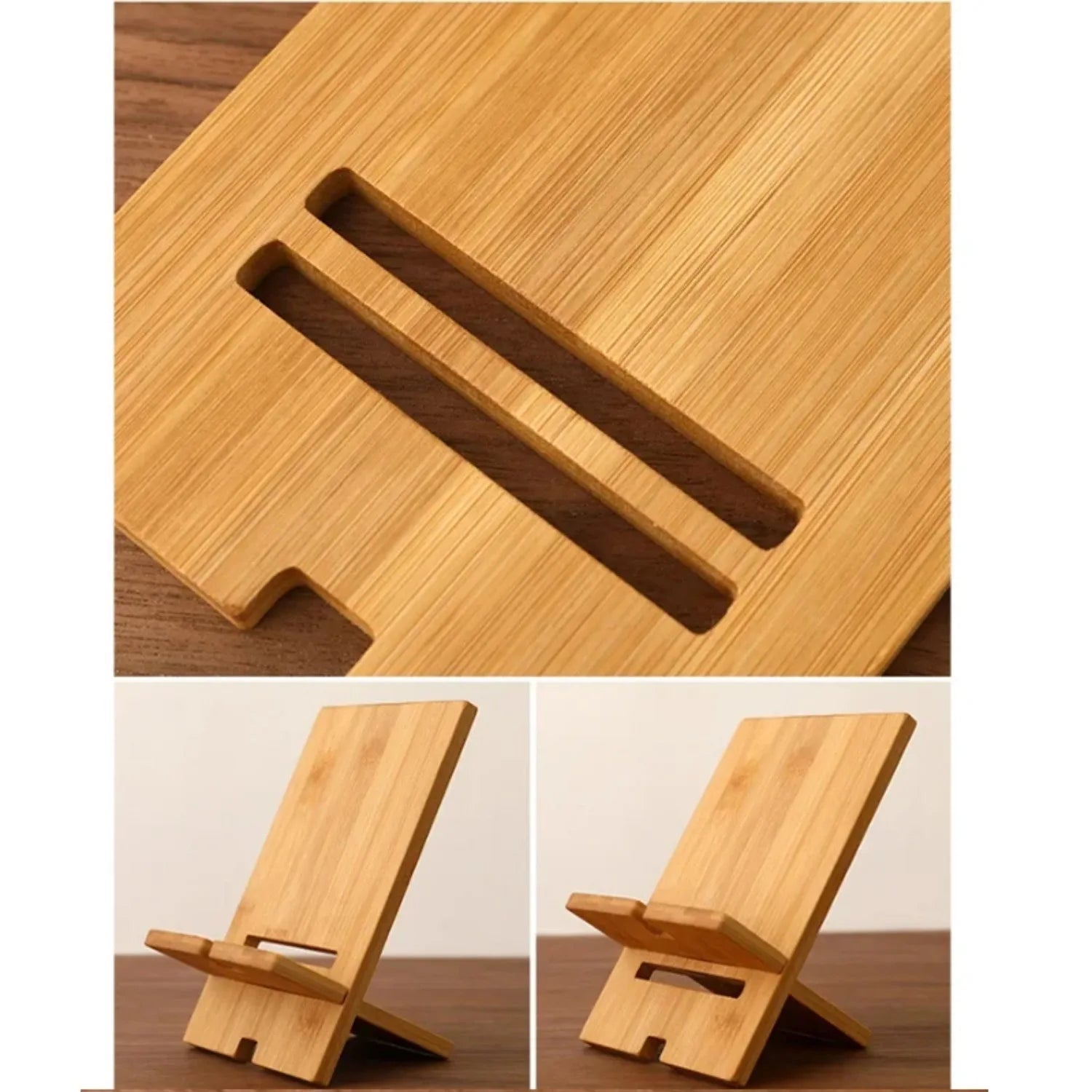 Flat-lay overhead view of bamboo phone stand on timber desk with notebook and pen styling