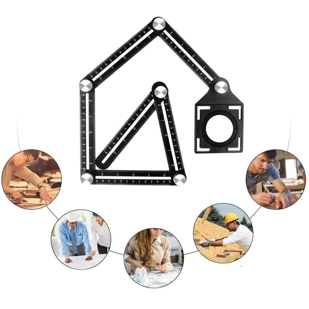 Folded angle measuring tool compact storage beside other construction tools