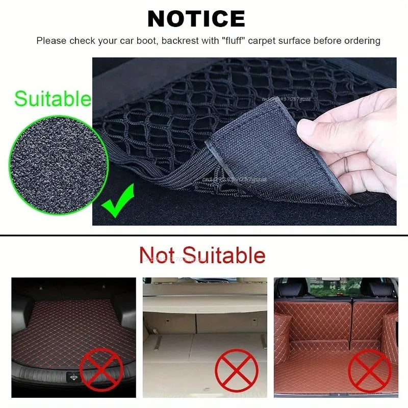 Hands stretching black elastic mesh car storage net to demonstrate expandable width and flexibility