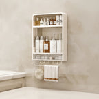 Hands demonstrating easy installation of self-adhesive bathroom shelf on tile surface