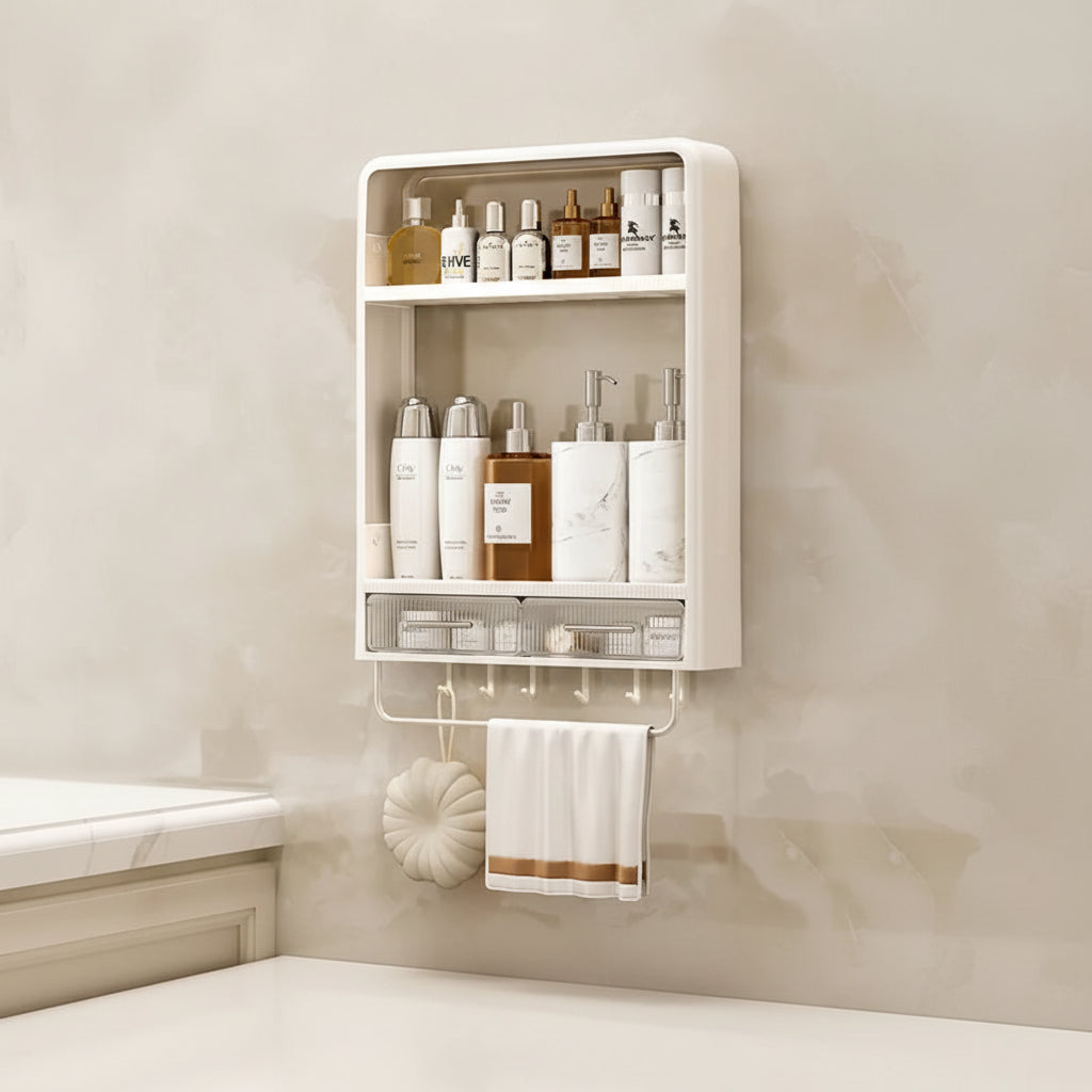 Hands demonstrating easy installation of self-adhesive bathroom shelf on tile surface
