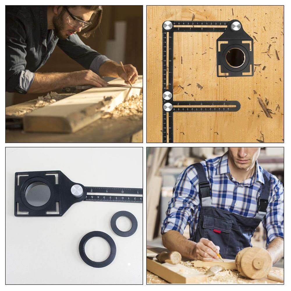 Multiple angle configurations demonstrating tool versatility on wooden work bench