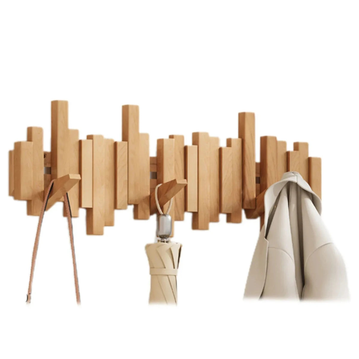 Modern hallway entrance with walnut coat rack styled with contemporary decor
