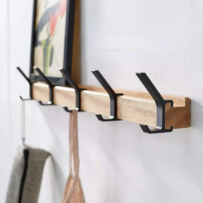 Wall Coat Rack with Rubber Wood Rail and Aluminium Hooks styled with home decor