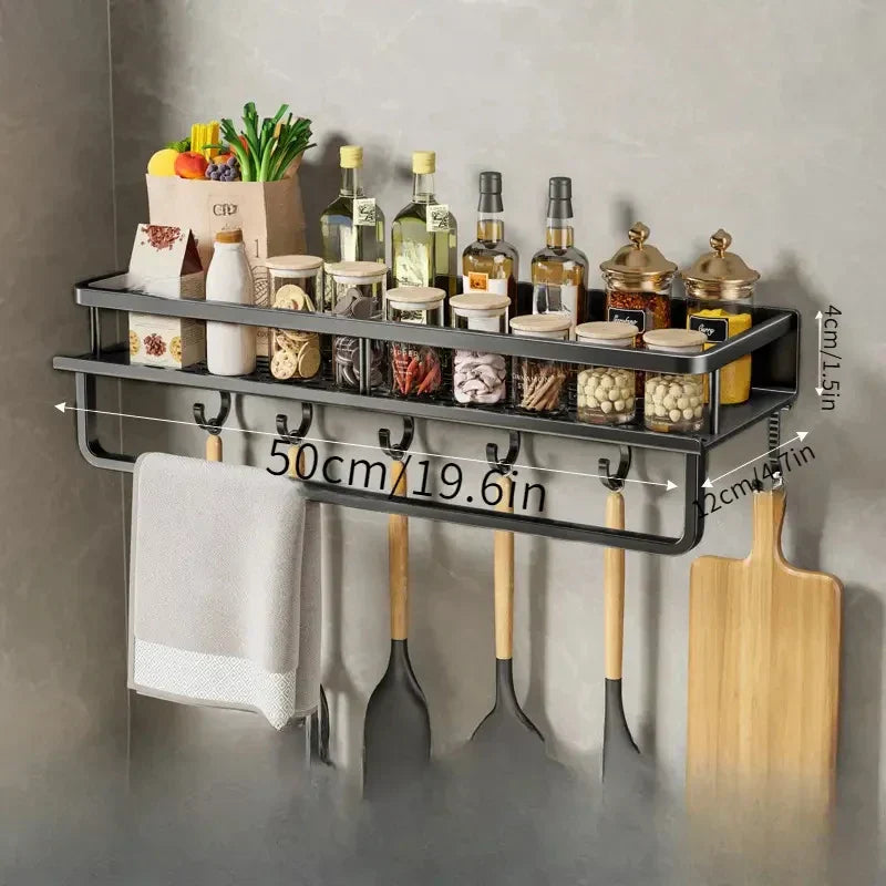 Wall-Mount Kitchen Shelf — Black Aluminium with Hooks styled with home decor