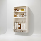 Clean minimalist bathroom setup showcasing organised wall storage and clutter-free bench