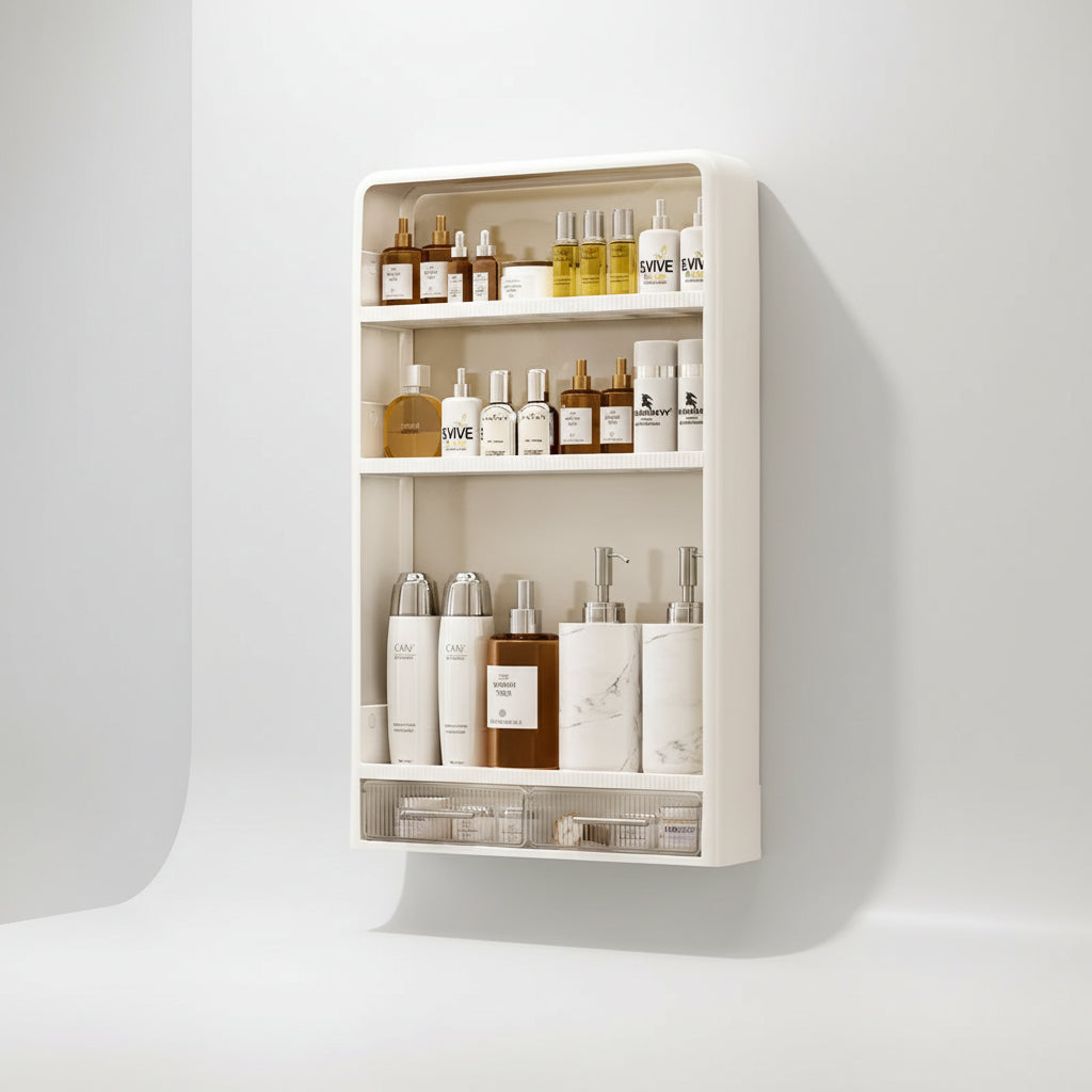 Clean minimalist bathroom setup showcasing organised wall storage and clutter-free bench
