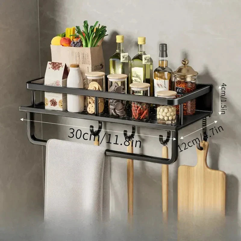 Wall-Mount Kitchen Shelf — Black Aluminium with Hooks detail shot of finish