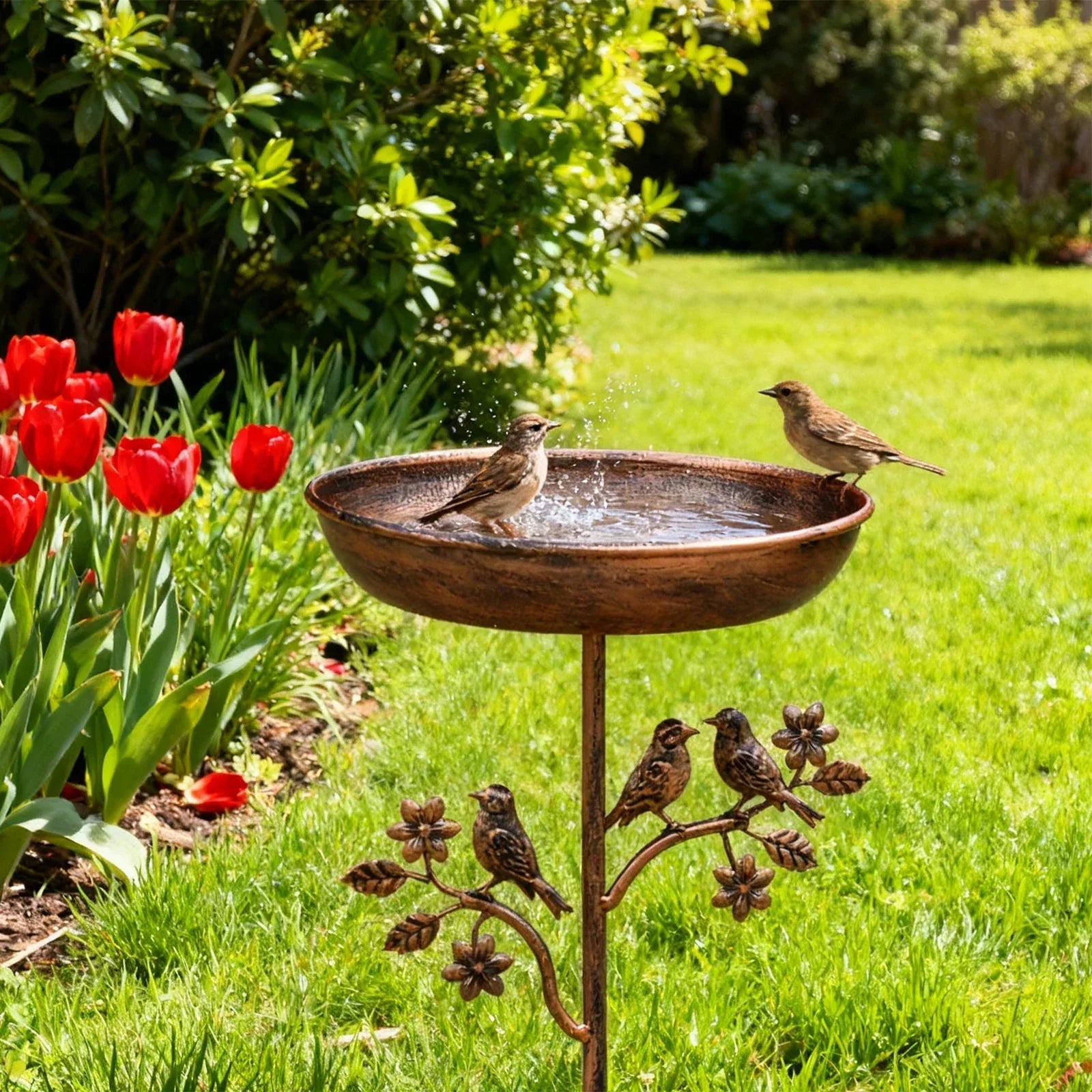Garden Bird Bath with Stand — Metal Copper Finish detail shot of finish