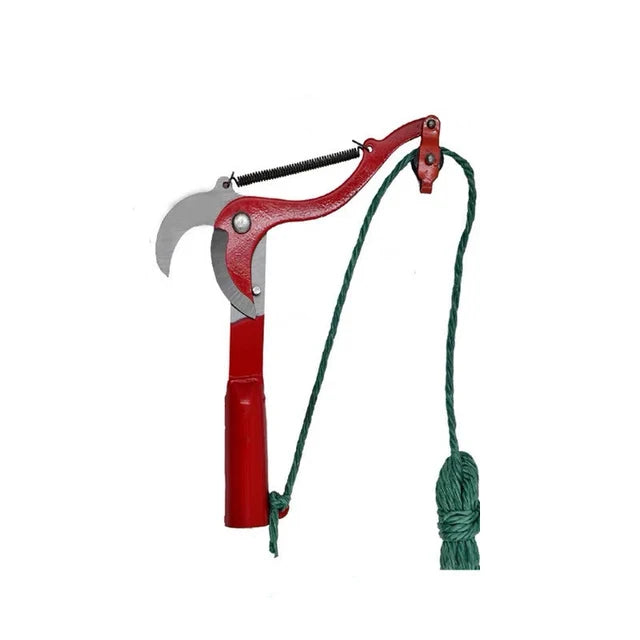 Flat-lay of rope branch pruner with gardening gloves and pruning off-cuts on stone garden surface
